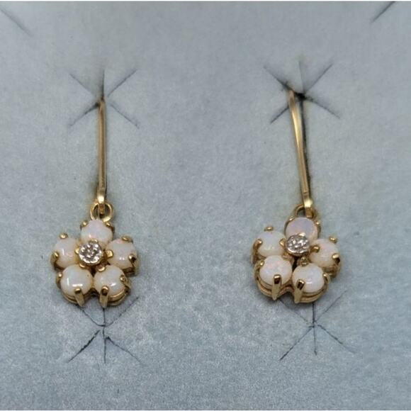 14K Gold Mexico Opal & Diamond Flower Drop Earrings Vintage Fine Jewelry - Picture 3 of 4
